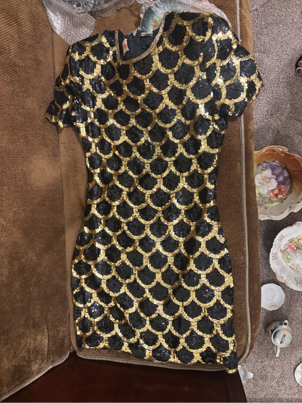 Vintage Scarlet Rage Black and Gold Silk Sequin Short Sleeve Party Dress